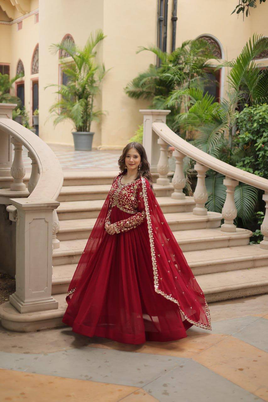Maroon Heavy Embroidered Georgette Anarkali Gown Set