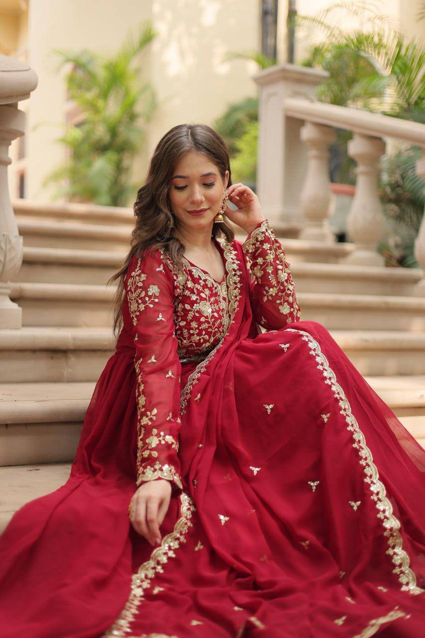 Maroon Heavy Embroidered Georgette Anarkali Gown Set