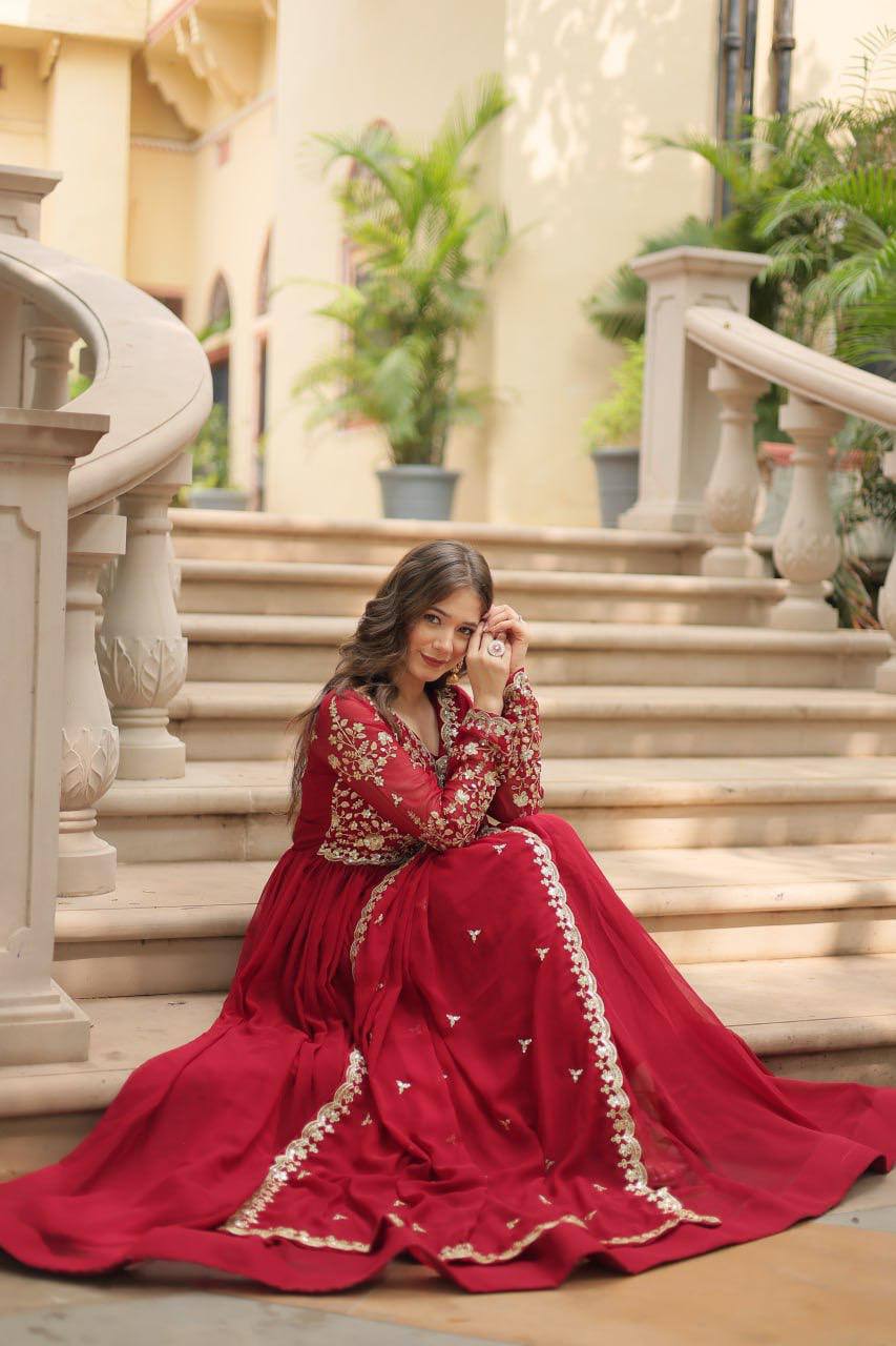 Maroon Heavy Embroidered Georgette Anarkali Gown Set