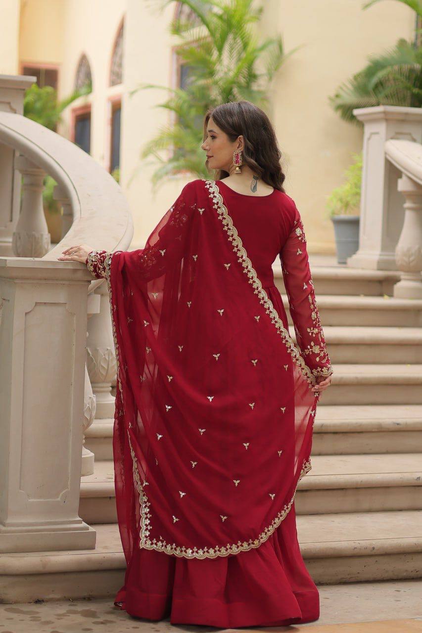 Maroon Heavy Embroidered Georgette Anarkali Gown Set