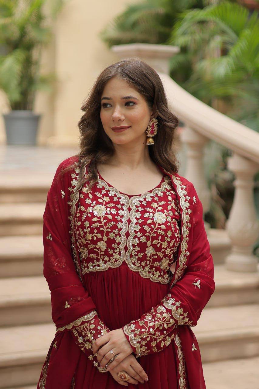 Maroon Heavy Embroidered Georgette Anarkali Gown Set