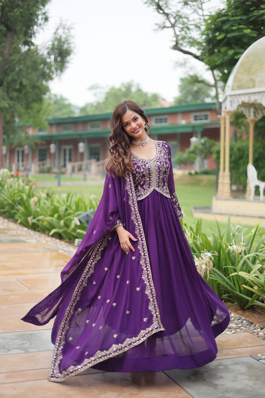 Deep Heavy Embroidered Georgette Anarkali Gown Set