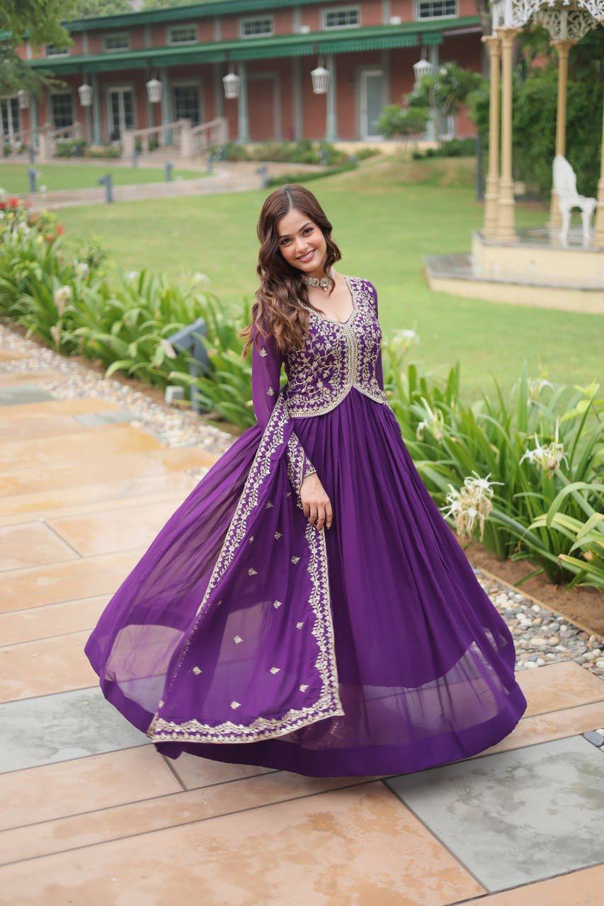 Deep Heavy Embroidered Georgette Anarkali Gown Set