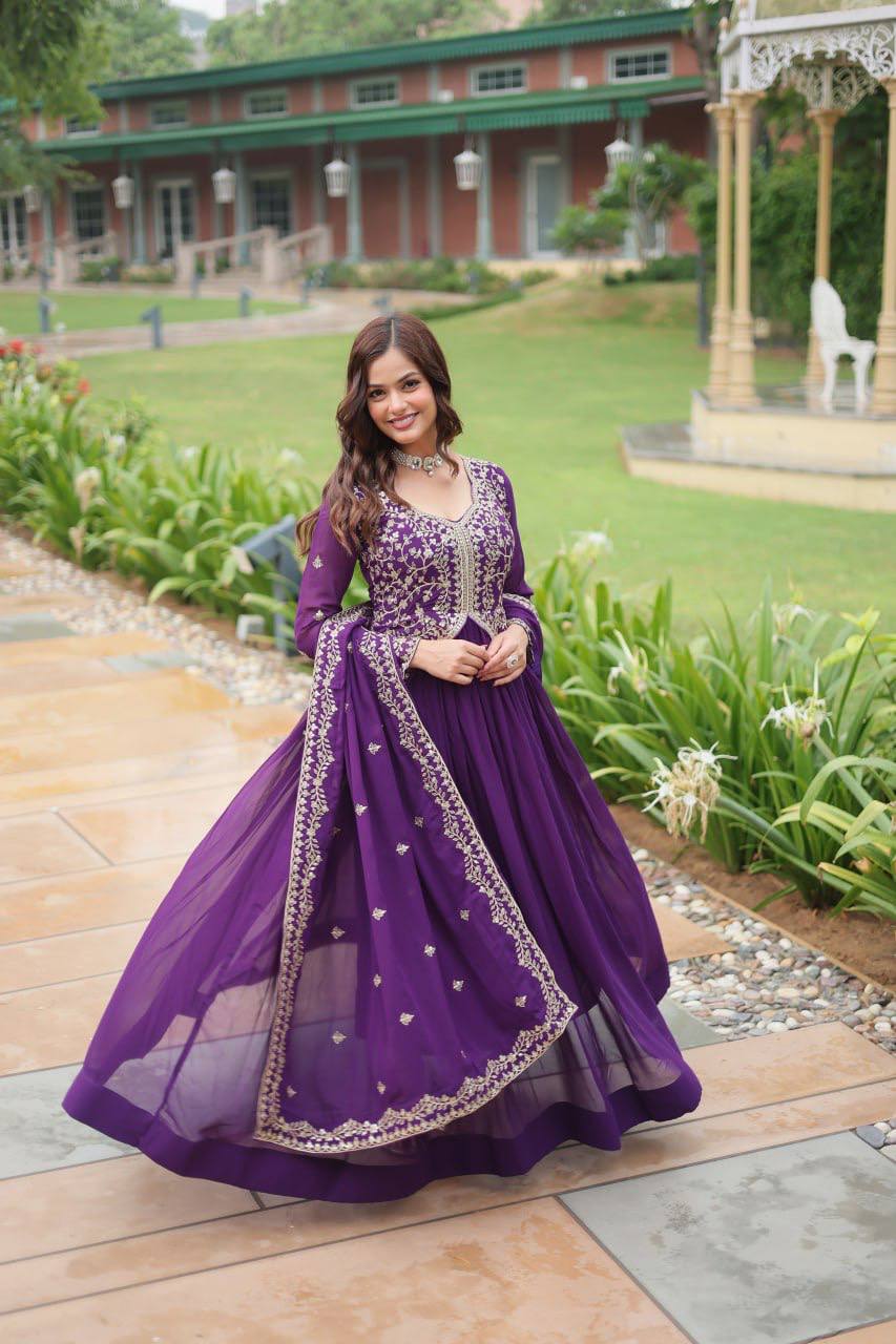 Deep Heavy Embroidered Georgette Anarkali Gown Set
