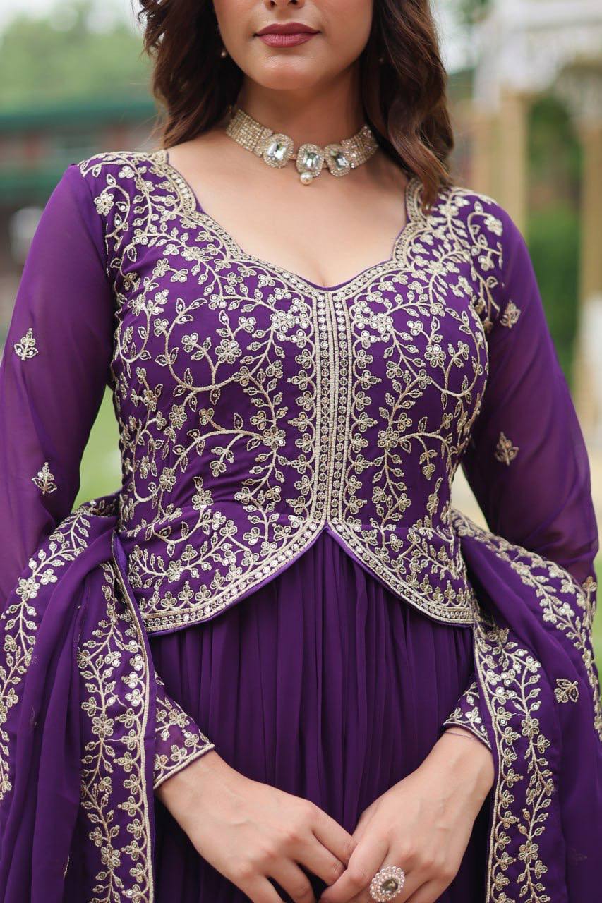 Deep Heavy Embroidered Georgette Anarkali Gown Set