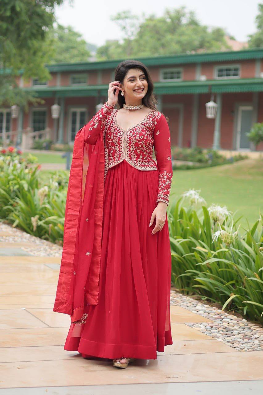 Deep Heavy Embroidered Georgette Anarkali Gown Set