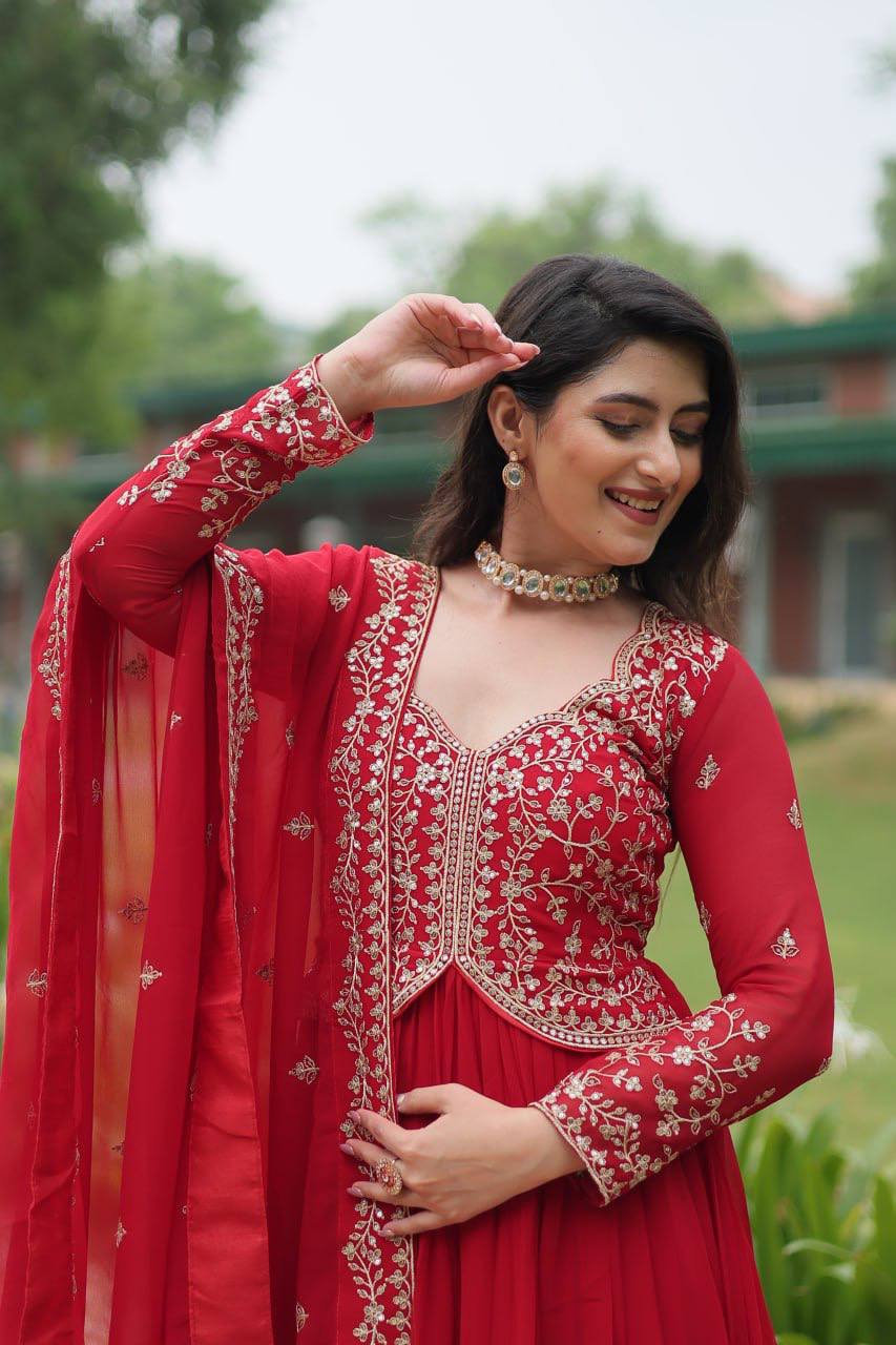 Deep Heavy Embroidered Georgette Anarkali Gown Set