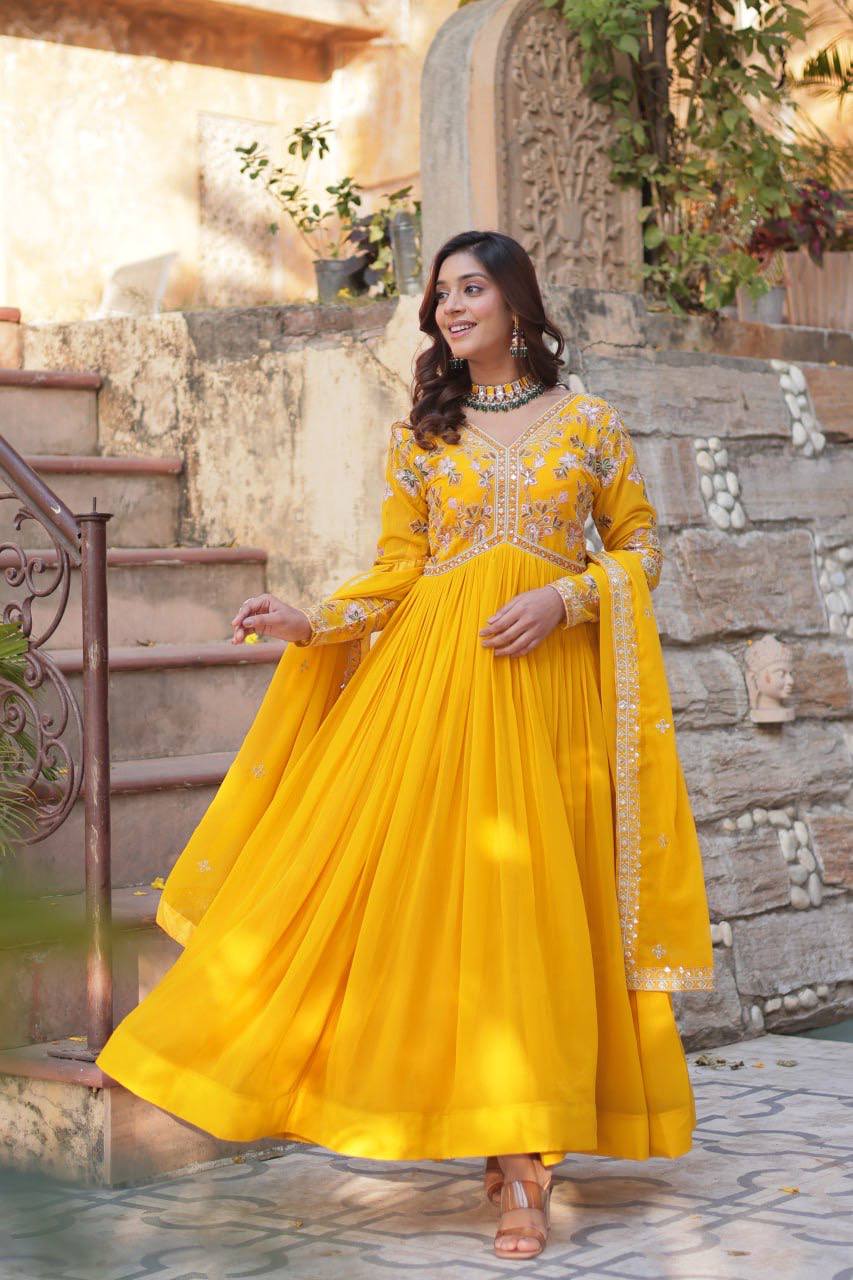 Sage Embroidered Georgette Anarkali Gown Set
