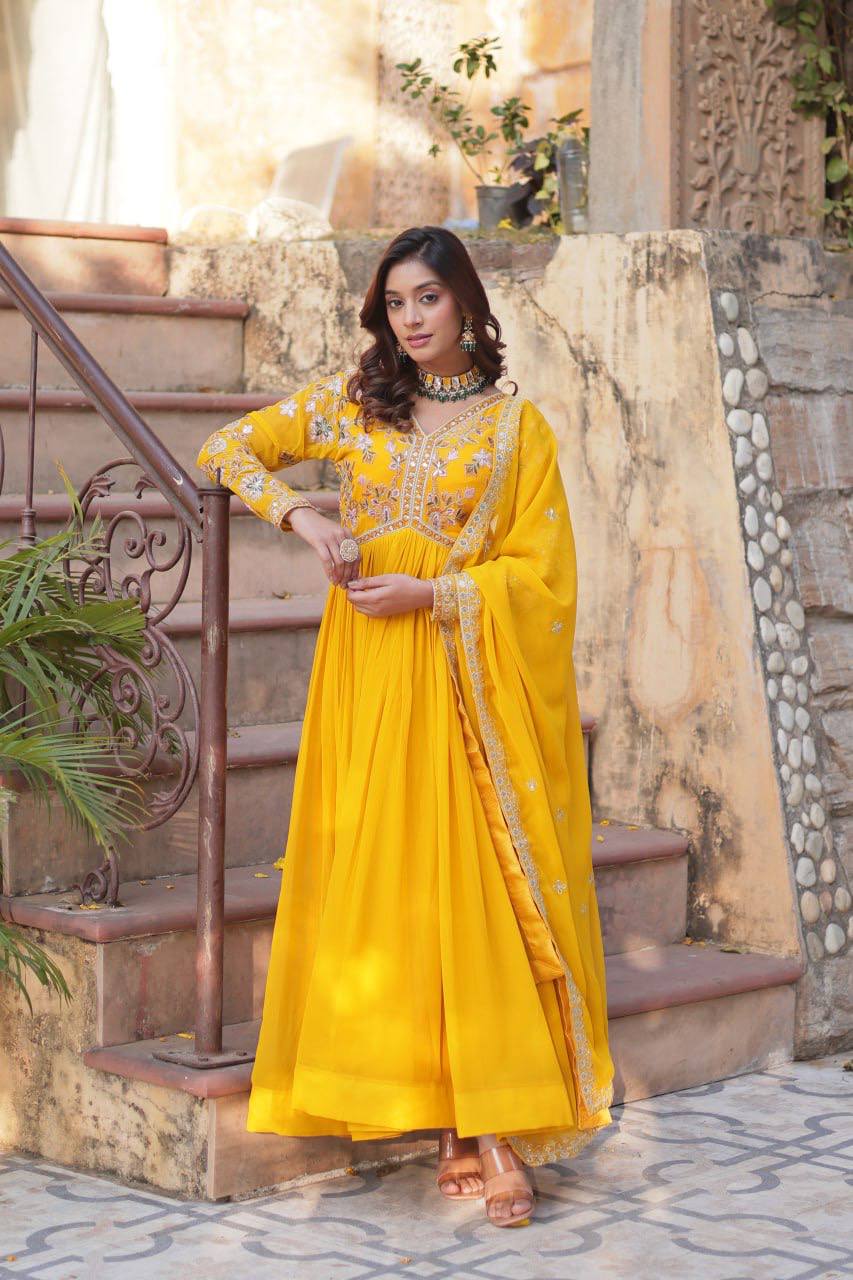 Sage Embroidered Georgette Anarkali Gown Set