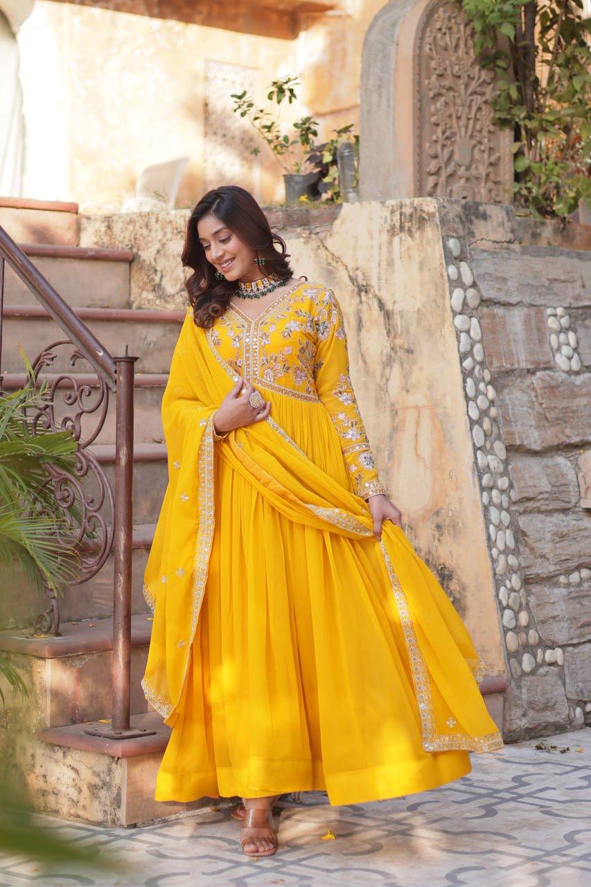 Sage Embroidered Georgette Anarkali Gown Set