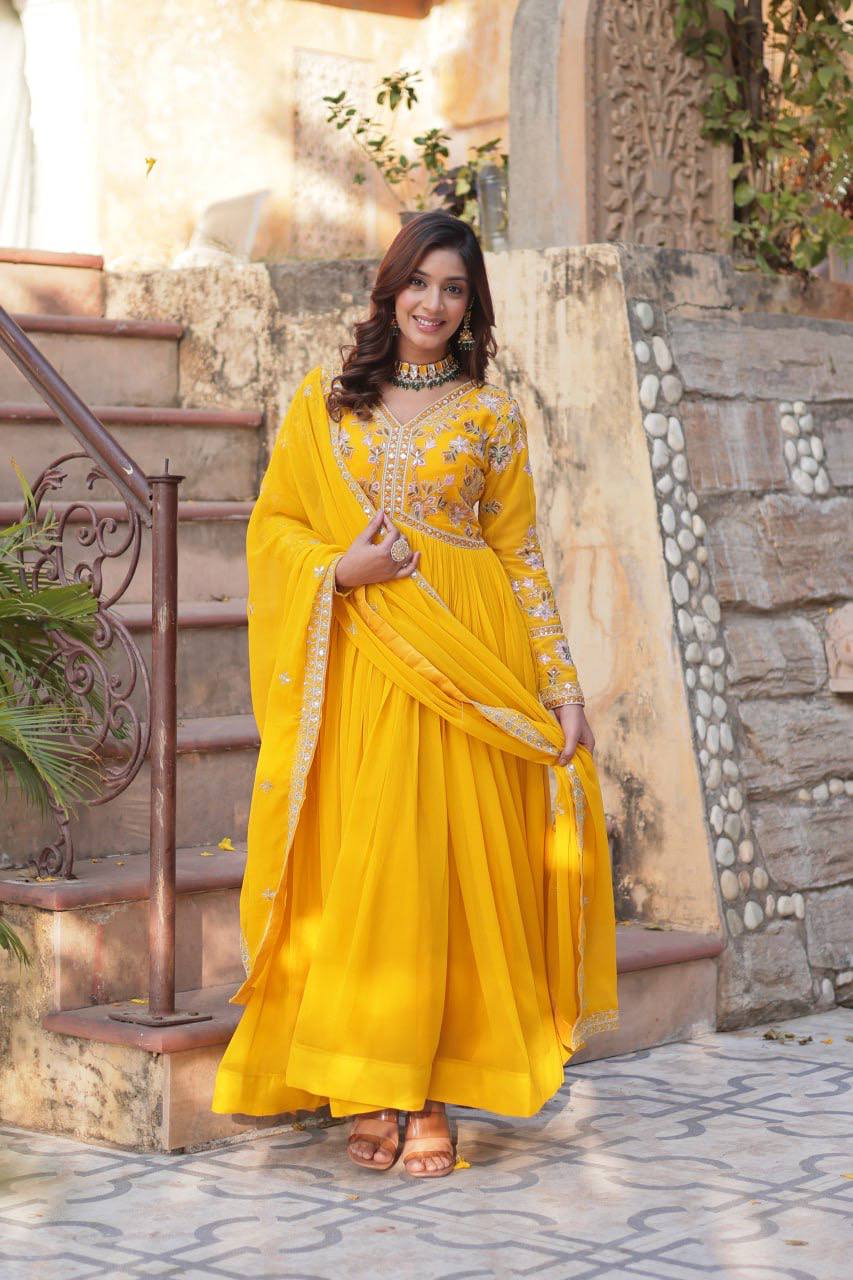 Sage Embroidered Georgette Anarkali Gown Set