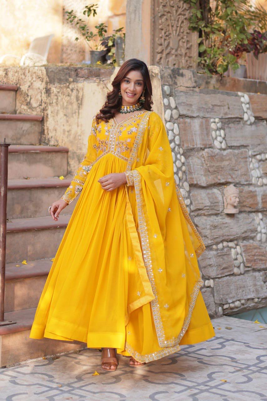 Sage Embroidered Georgette Anarkali Gown Set