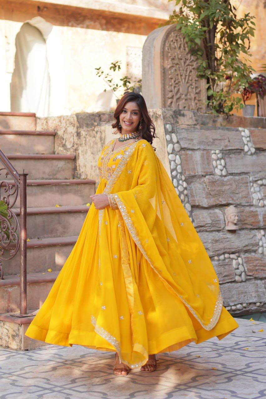 Sage Embroidered Georgette Anarkali Gown Set