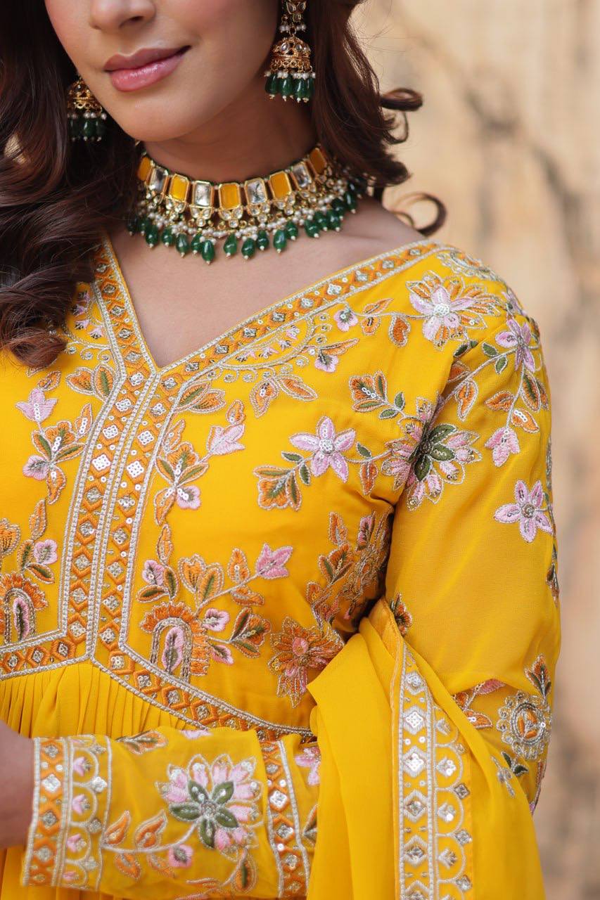Sage Embroidered Georgette Anarkali Gown Set