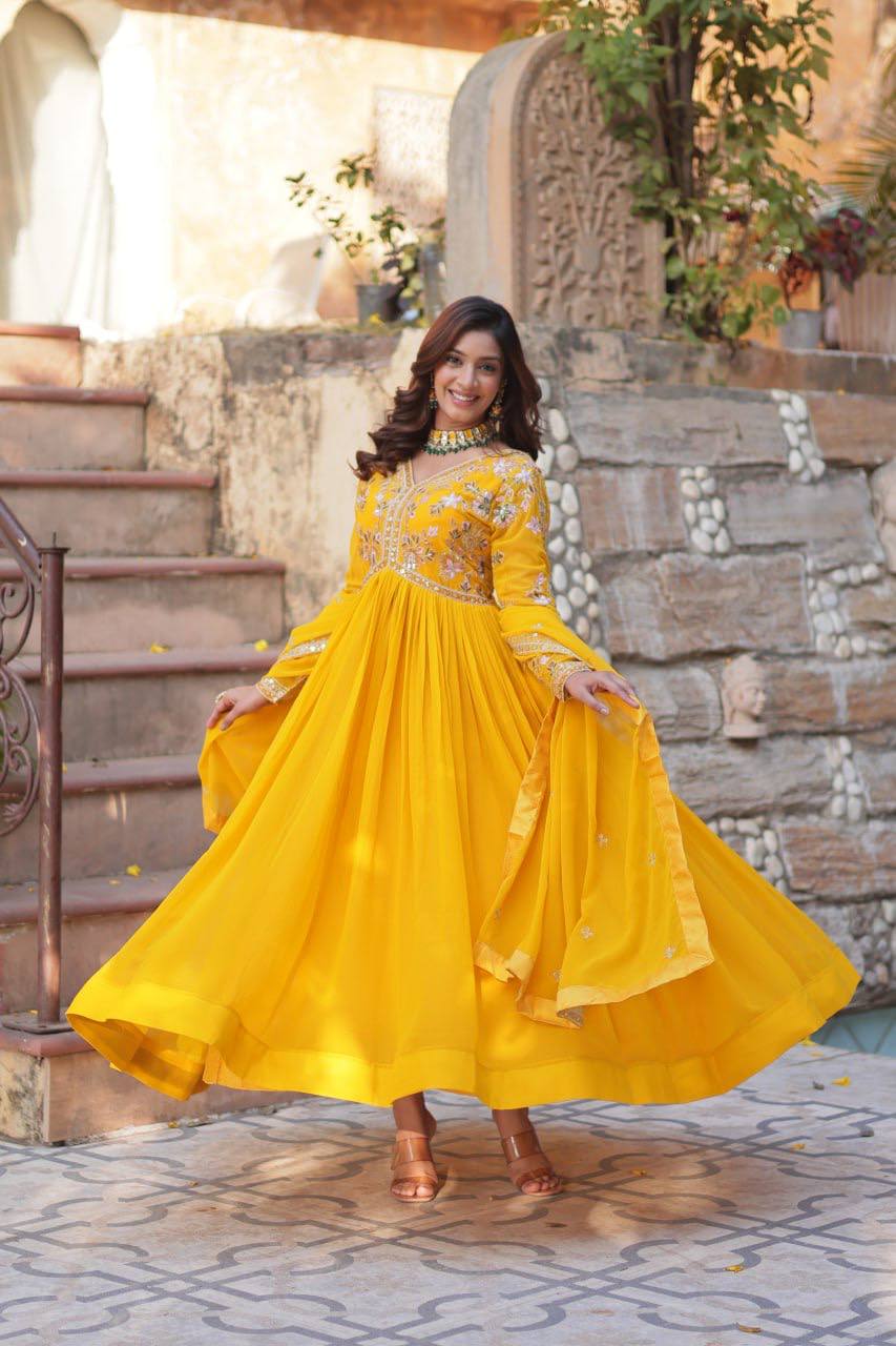 Sage Embroidered Georgette Anarkali Gown Set