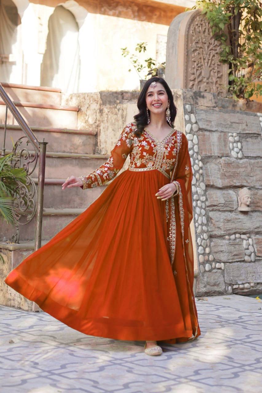 Sage Embroidered Georgette Anarkali Gown Set