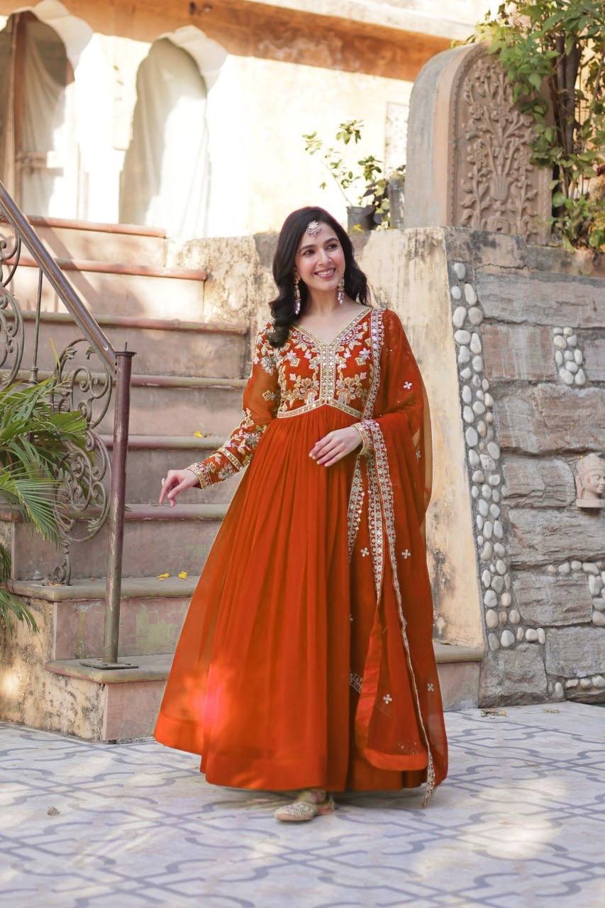 Sage Embroidered Georgette Anarkali Gown Set