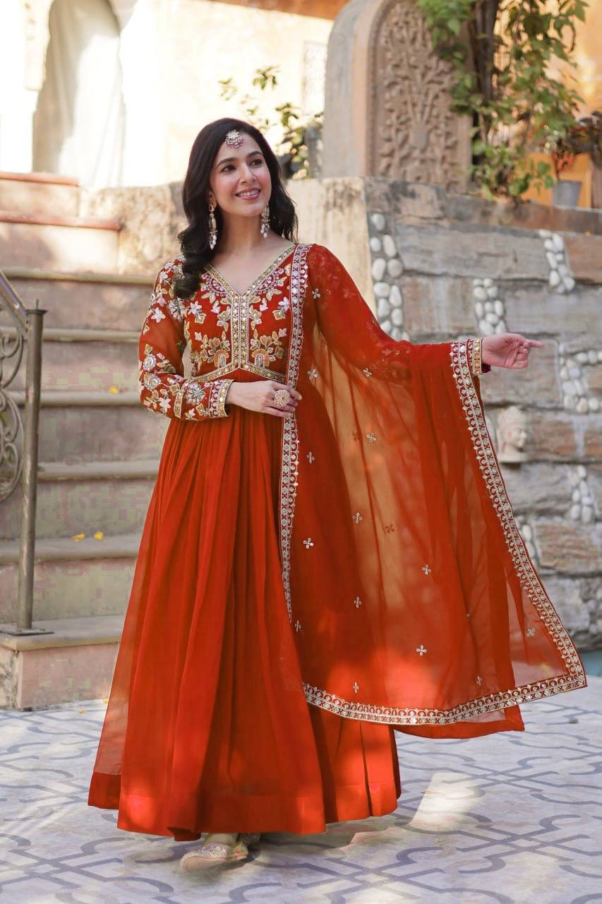 Sage Embroidered Georgette Anarkali Gown Set