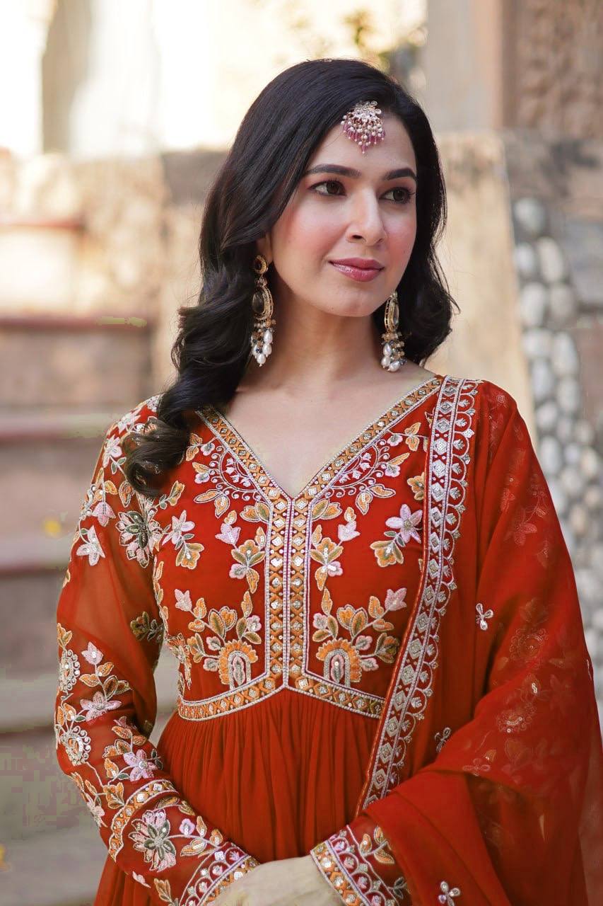Sage Embroidered Georgette Anarkali Gown Set