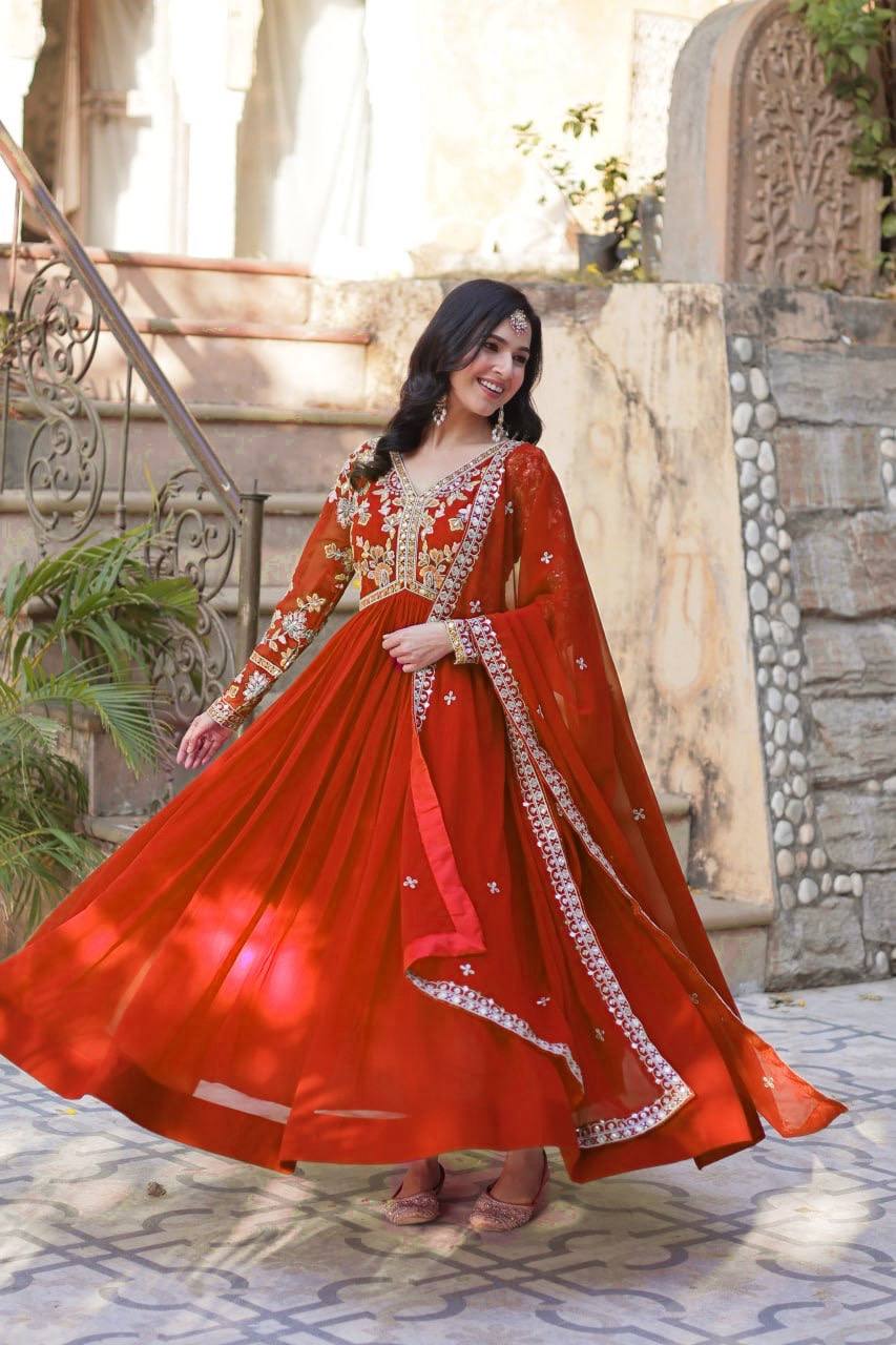 Sage Embroidered Georgette Anarkali Gown Set
