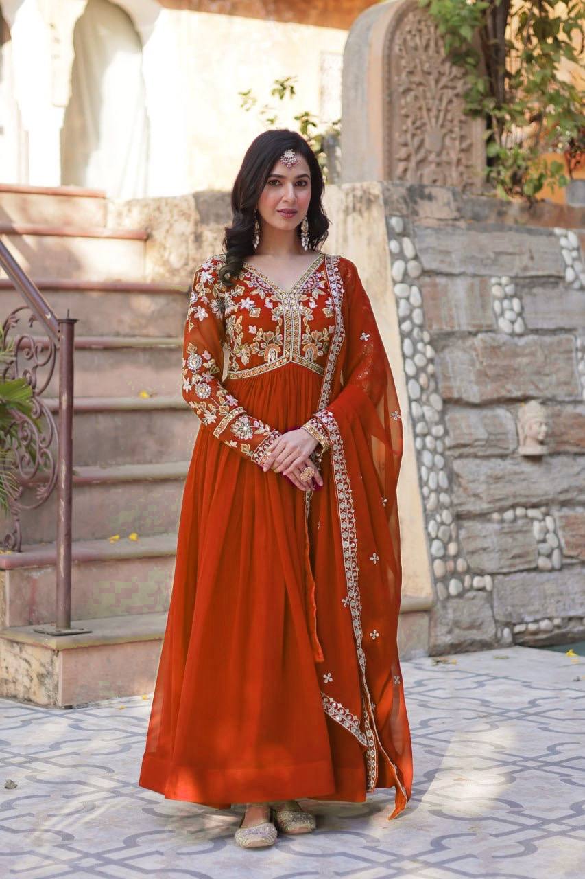 Sage Embroidered Georgette Anarkali Gown Set