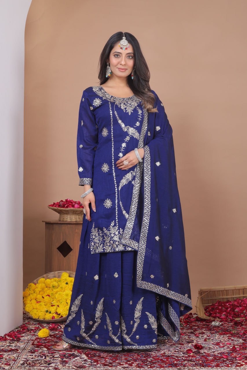Royal Blue Zari Embroidered Sharara Set