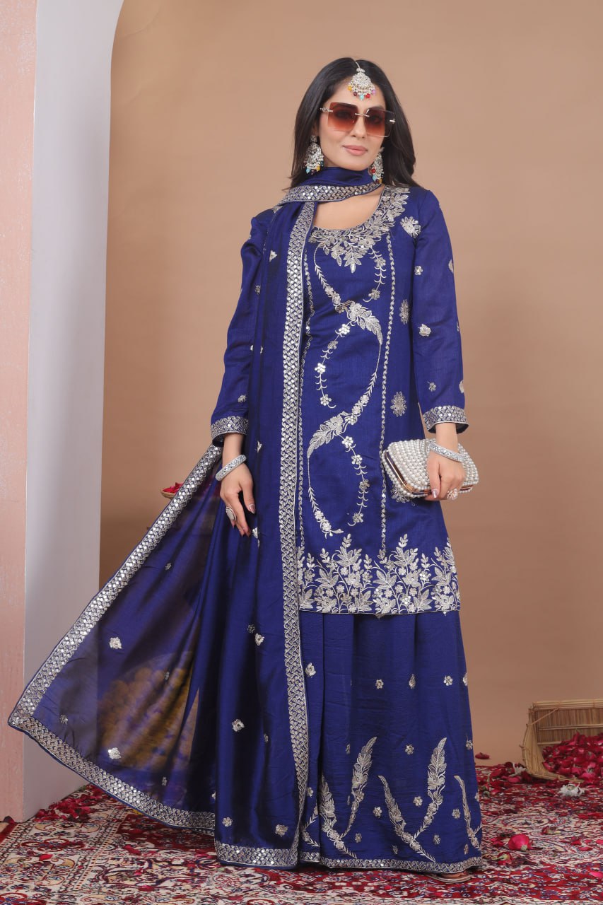 Royal Blue Zari Embroidered Sharara Set