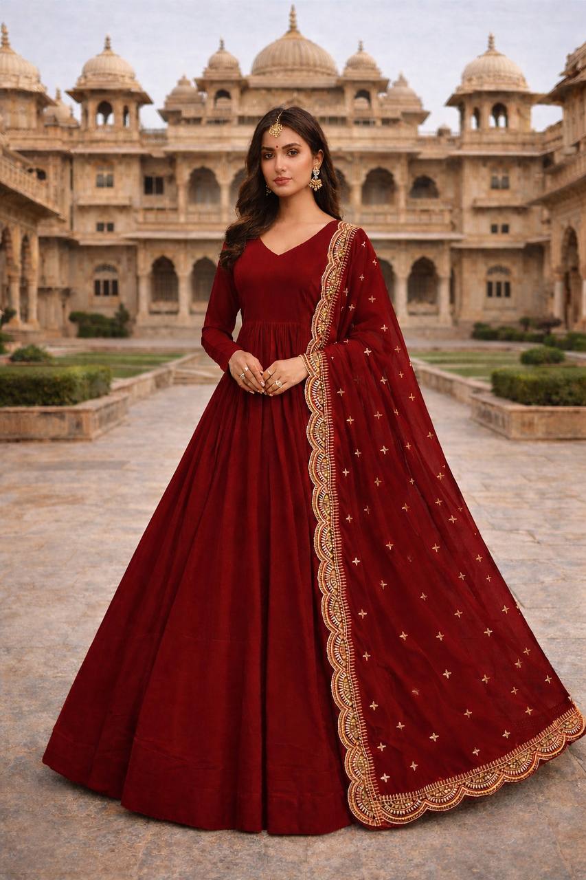Wine Red Heavily Embroidered Anarkali Gown Set