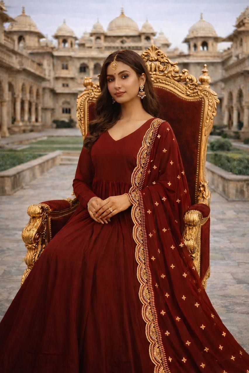Wine Red Heavily Embroidered Anarkali Gown Set