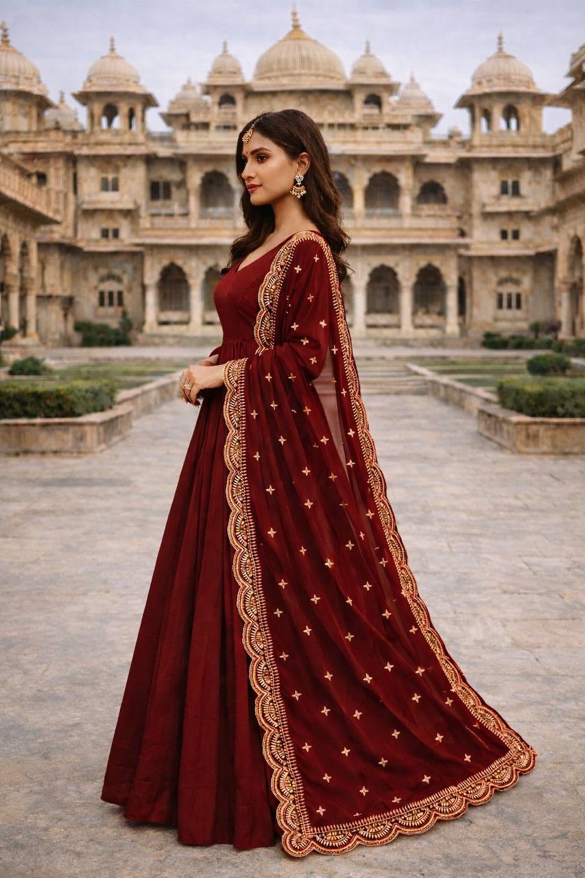 Wine Red Heavily Embroidered Anarkali Gown Set