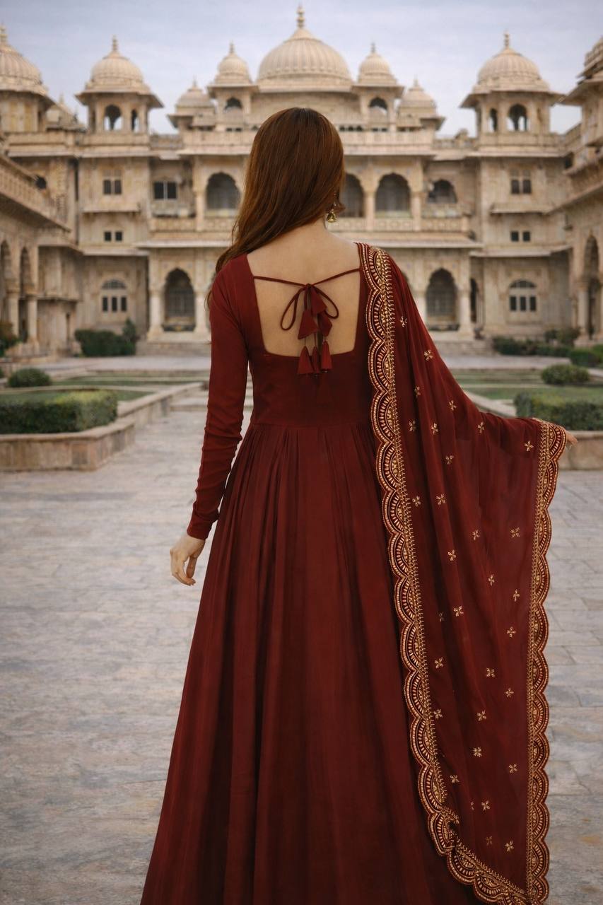 Wine Red Heavily Embroidered Anarkali Gown Set