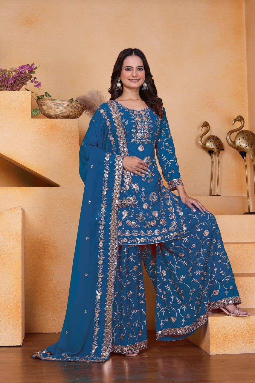 Premium Teal Blue Embroidered Georgette Sharara Suit Set with Matching Dupatta