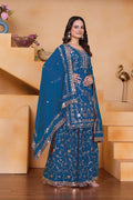 Premium Teal Blue Embroidered Georgette Sharara Suit Set with Matching Dupatta