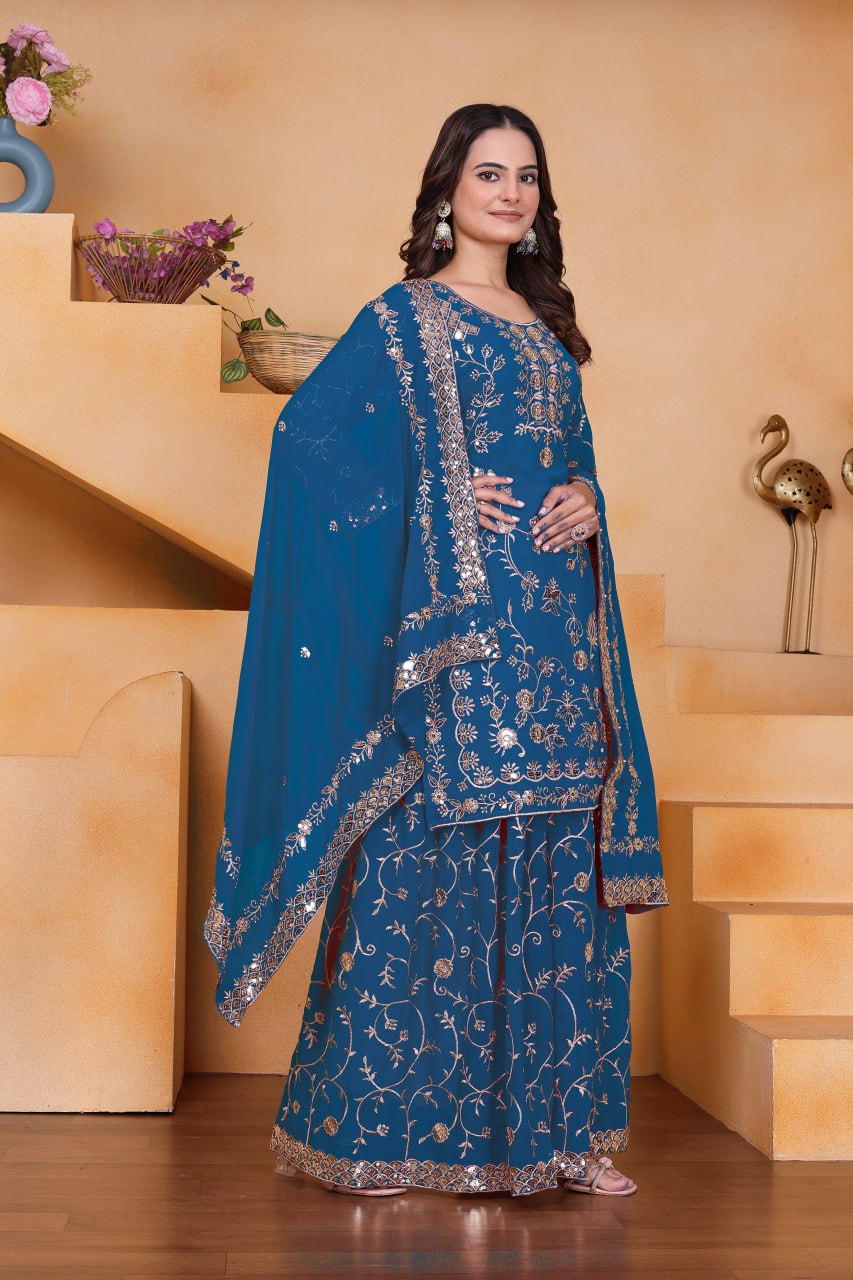 Premium Teal Blue Embroidered Georgette Sharara Suit Set with Matching Dupatta