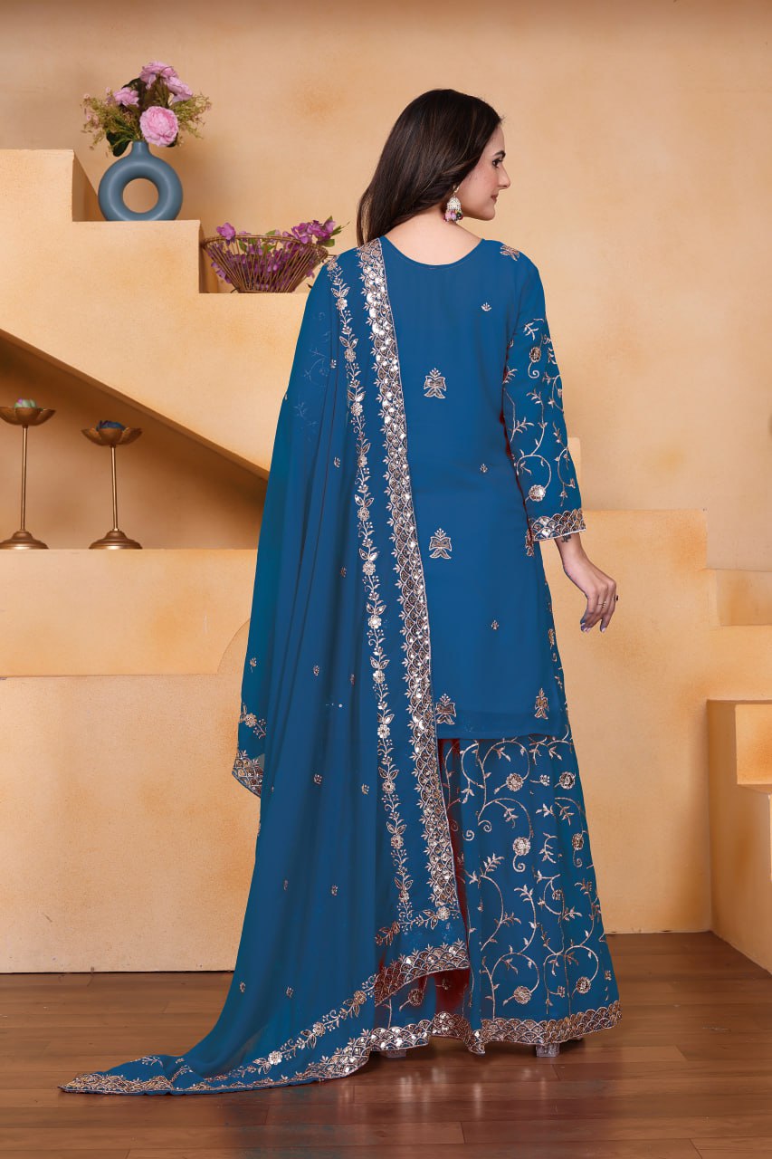 Premium Teal Blue Embroidered Georgette Sharara Suit Set with Matching Dupatta