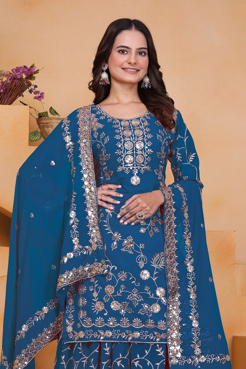 Premium Teal Blue Embroidered Georgette Sharara Suit Set with Matching Dupatta