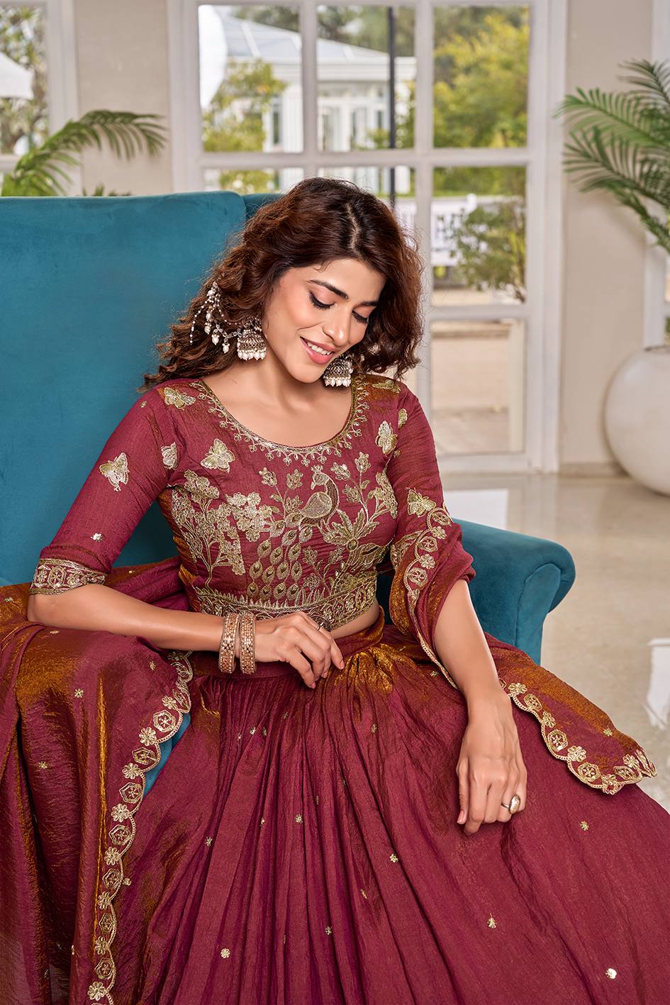 Maroon Peacock Embroidered Silk Lehenga Choli Set