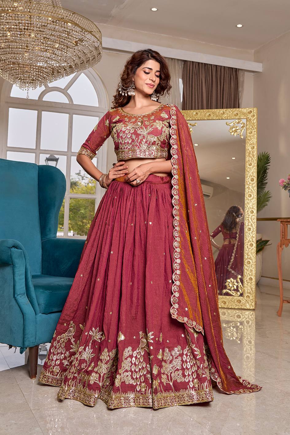 Maroon Peacock Embroidered Silk Lehenga Choli Set