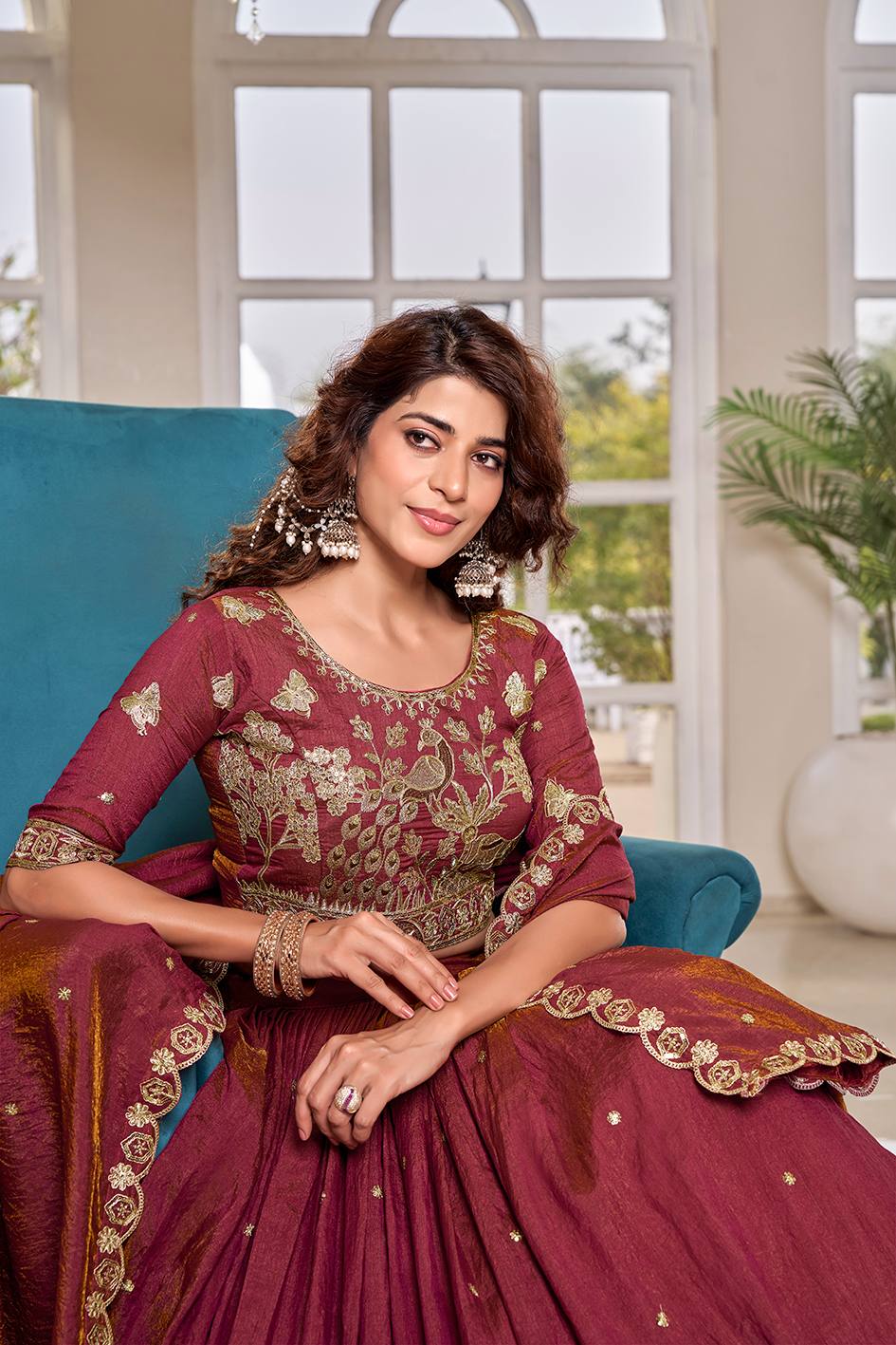 Maroon Peacock Embroidered Silk Lehenga Choli Set