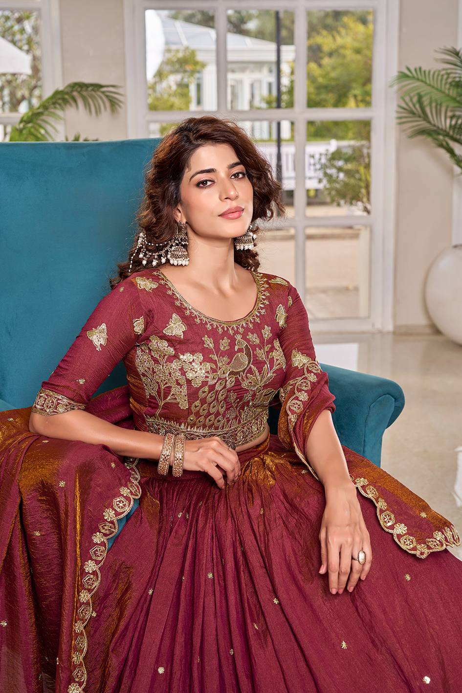 Maroon Peacock Embroidered Silk Lehenga Choli Set