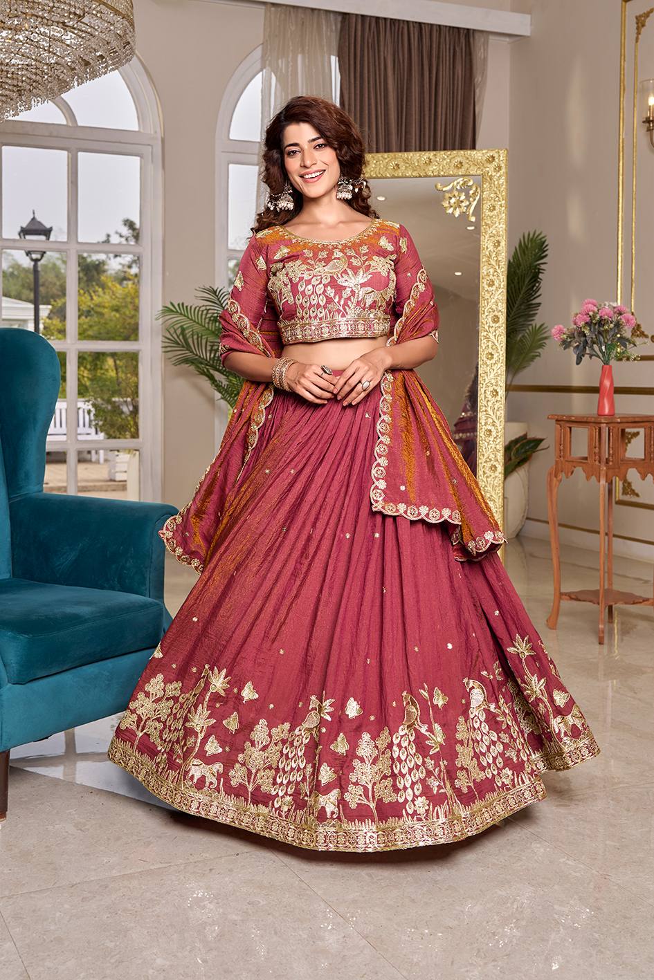 Maroon Peacock Embroidered Silk Lehenga Choli Set
