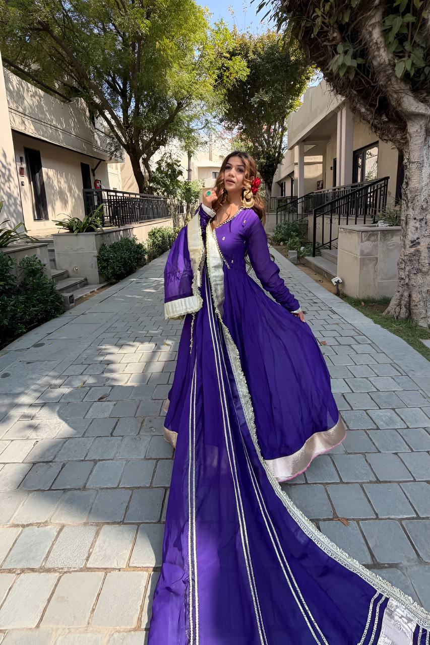 Royal Purple Anarkali Set with Golden Border and Dupatta
