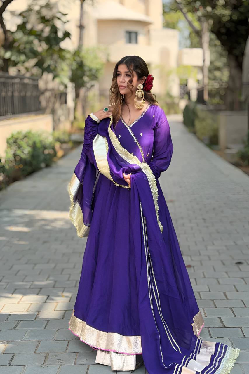 Royal Purple Anarkali Set with Golden Border and Dupatta