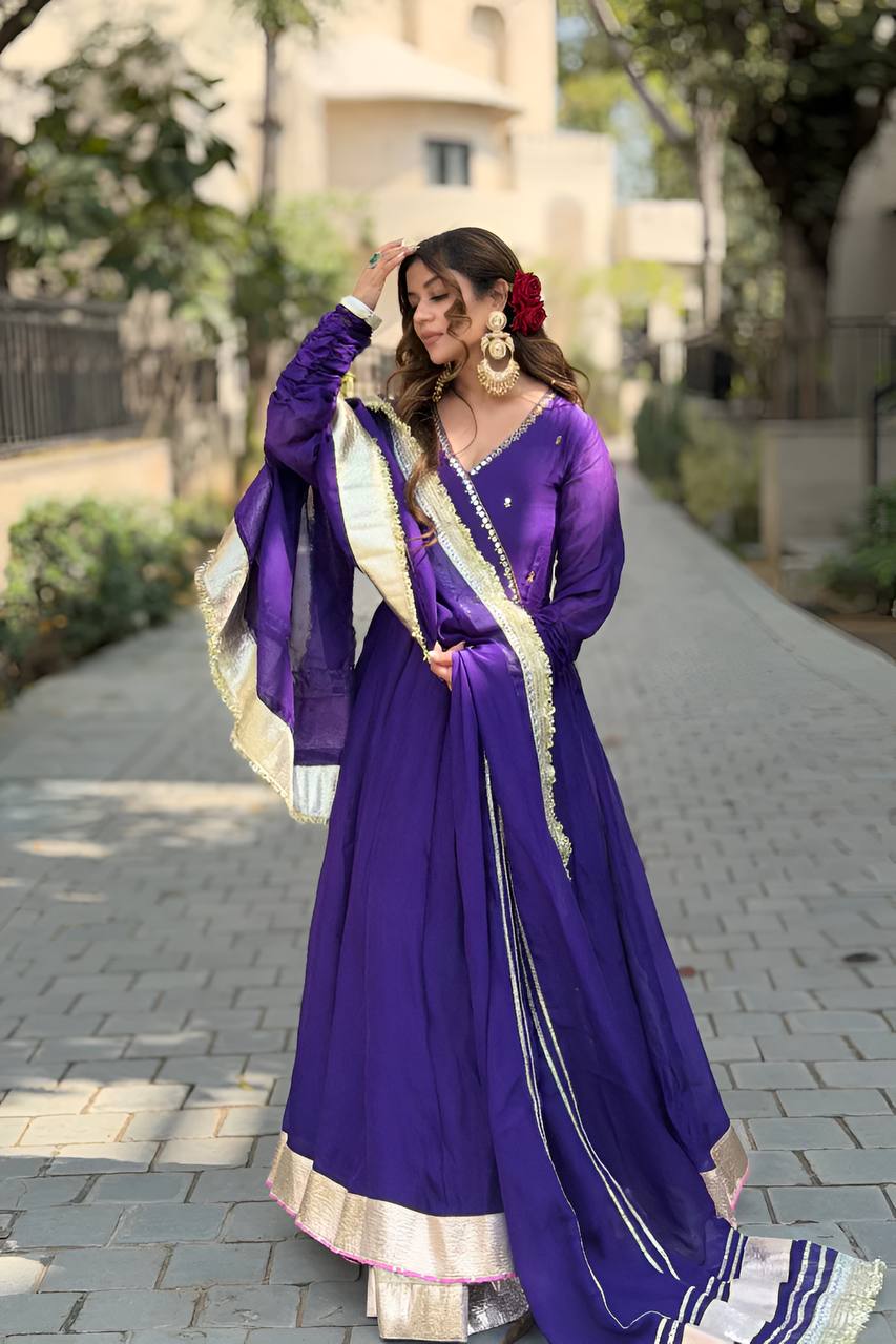 Royal Purple Anarkali Set with Golden Border and Dupatta