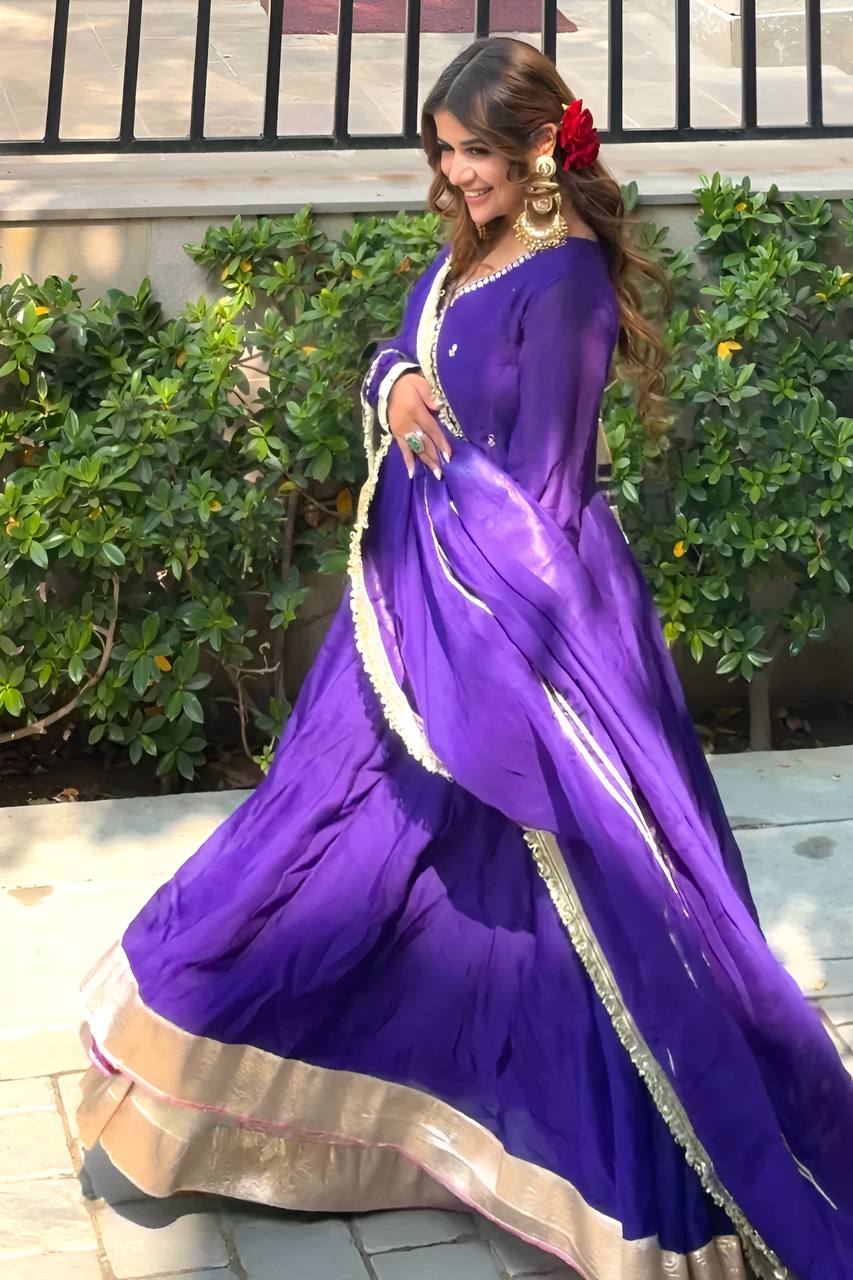 Royal Purple Anarkali Set with Golden Border and Dupatta