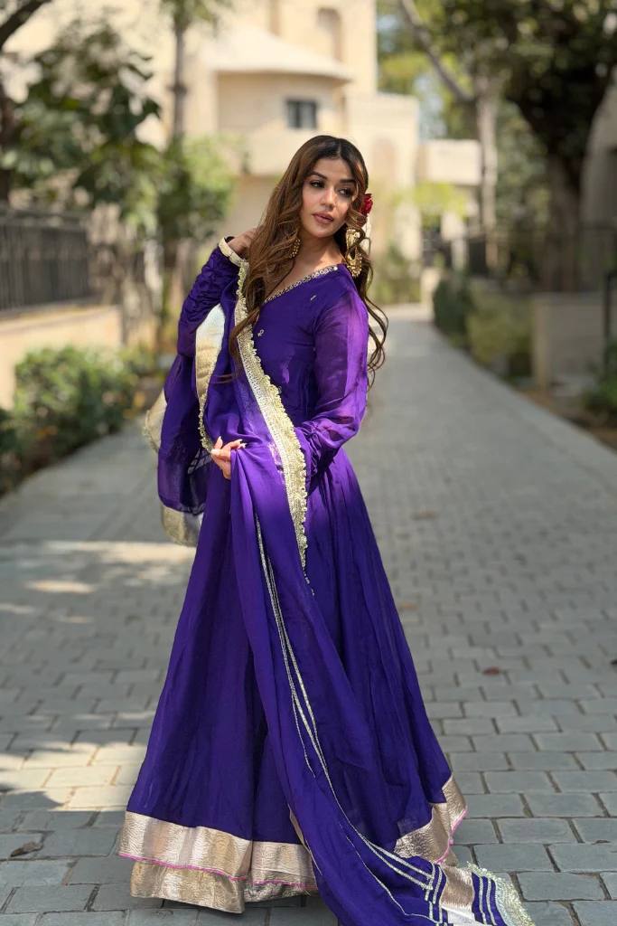 Royal Purple Anarkali Set with Golden Border and Dupatta
