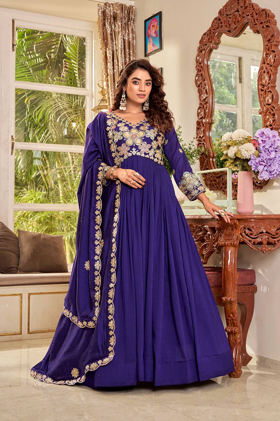 Royal Indigo Heavy Zardosi Embroidered Anarkali Set