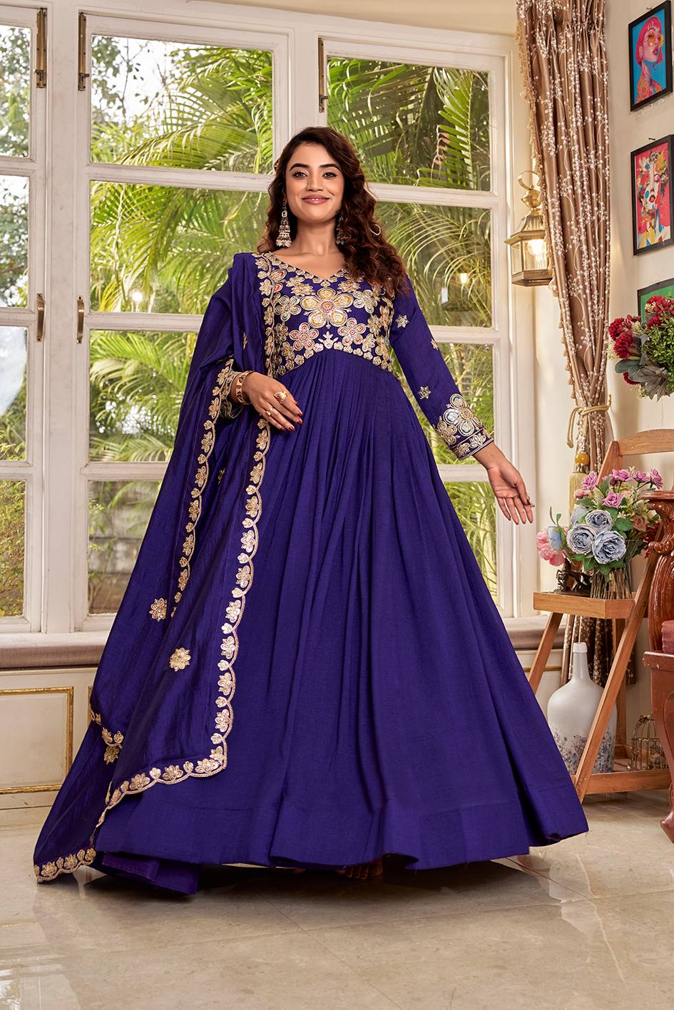 Royal Indigo Heavy Zardosi Embroidered Anarkali Set