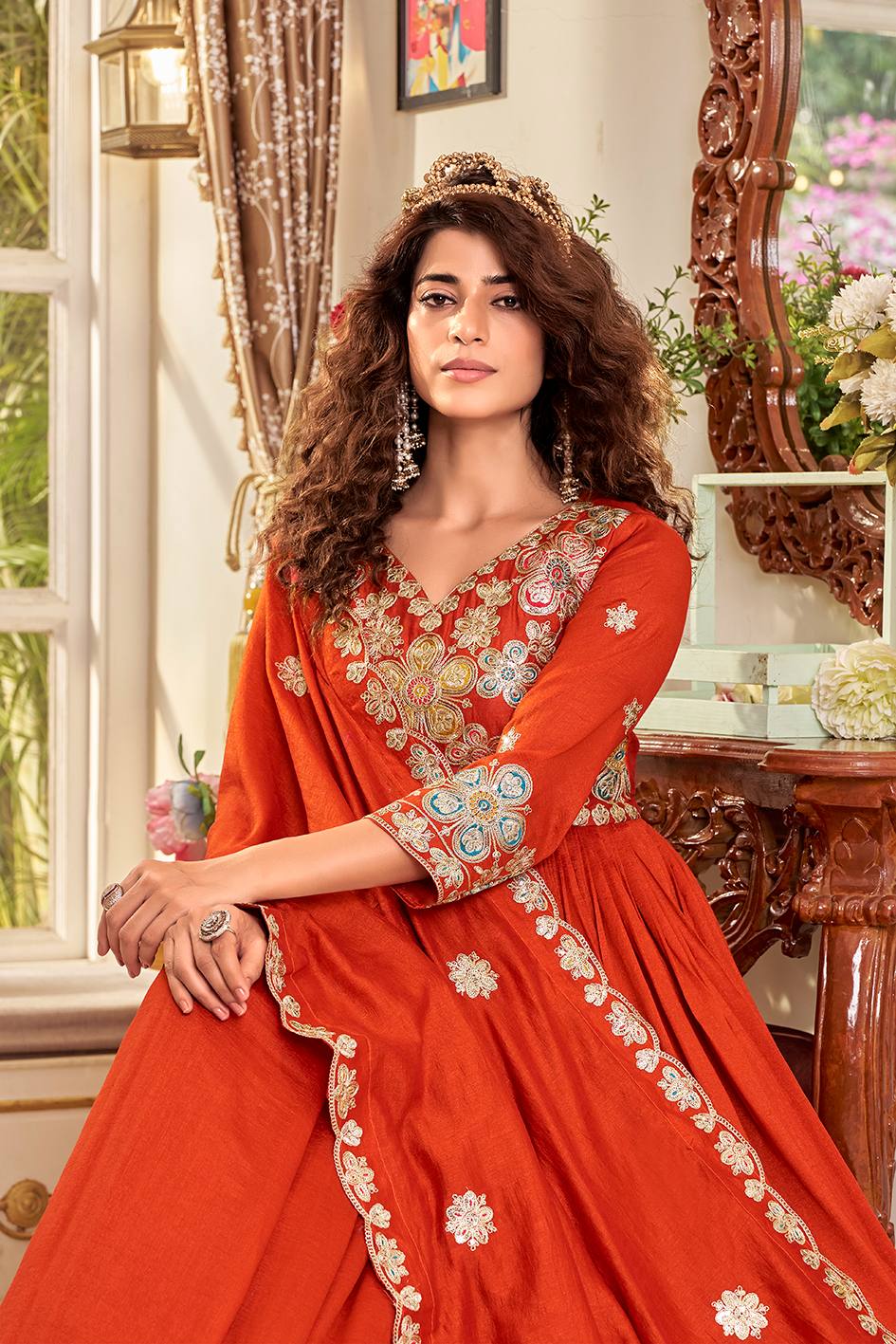 Burnt Orange Artisanal Zardosi Anarkali Set