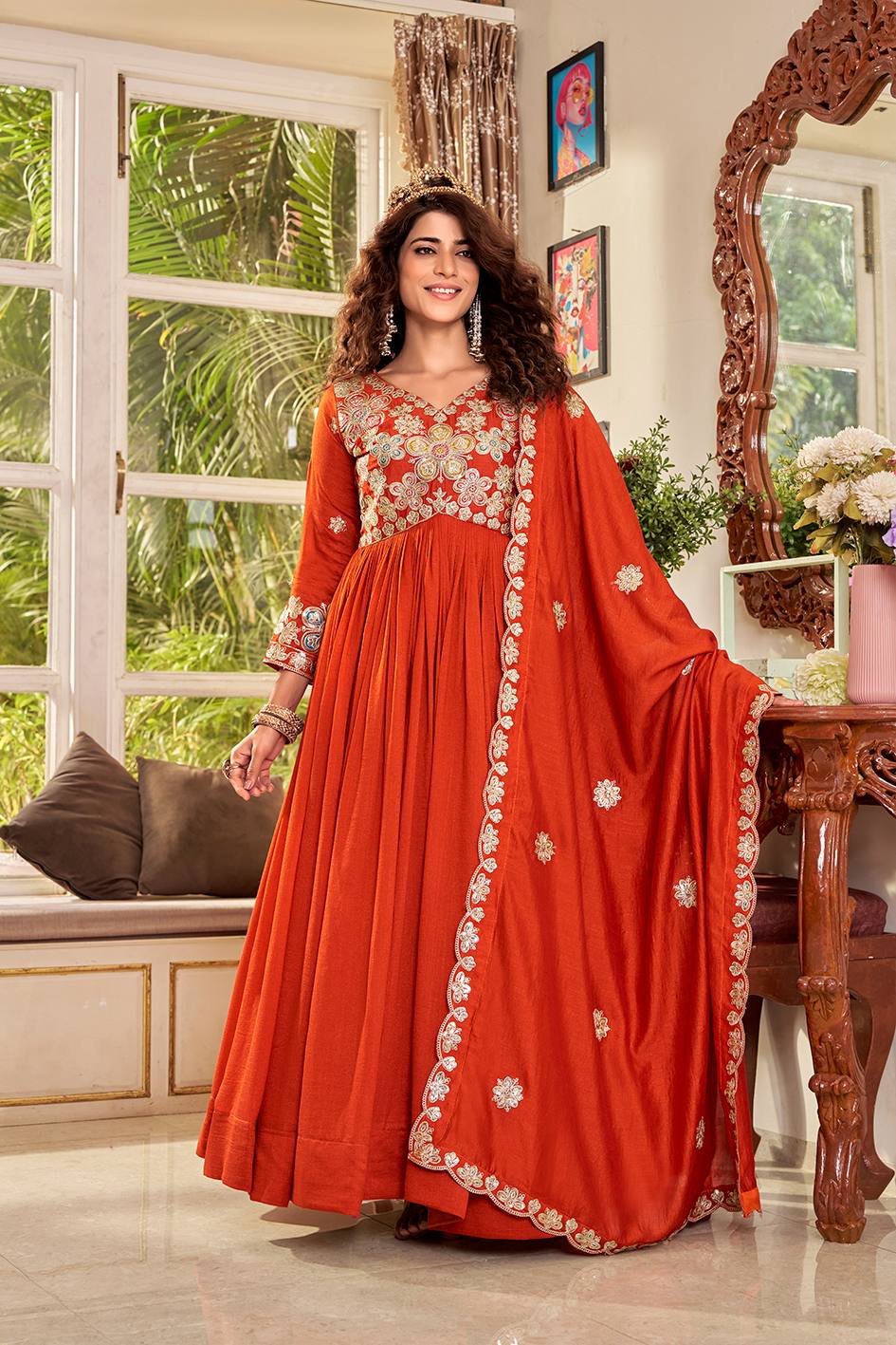 Burnt Orange Artisanal Zardosi Anarkali Set